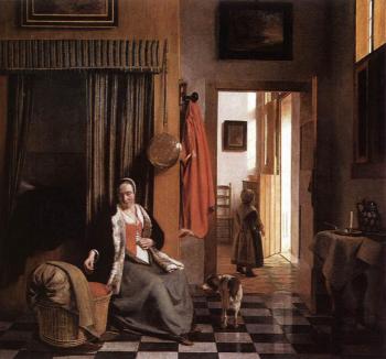 Pieter De Hooch : Mother Lacing Her Bodice beside a Cradle